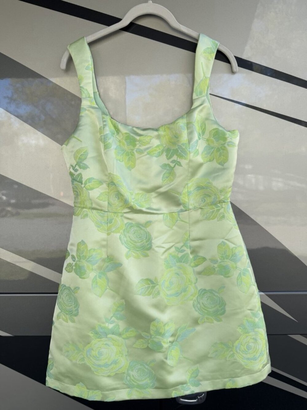 Lulus Brighter Side light green floral satin jacquard mini dress wedding M - Picture 9 of 14